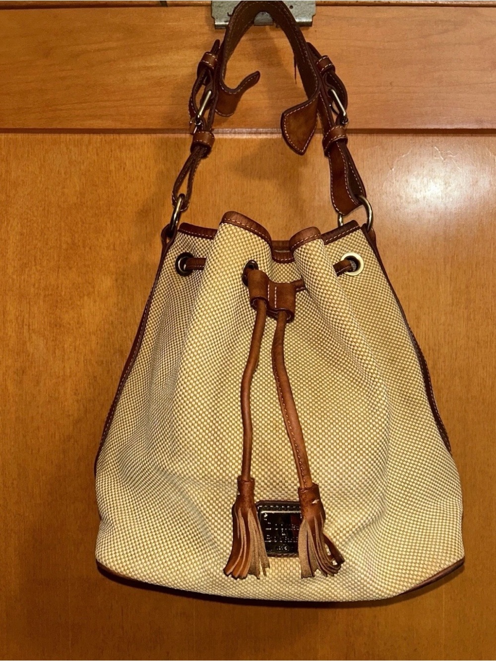 Dooney & Bourke  Beige Canvas Leather Drawstring Shoulder Purse Bucket Bag